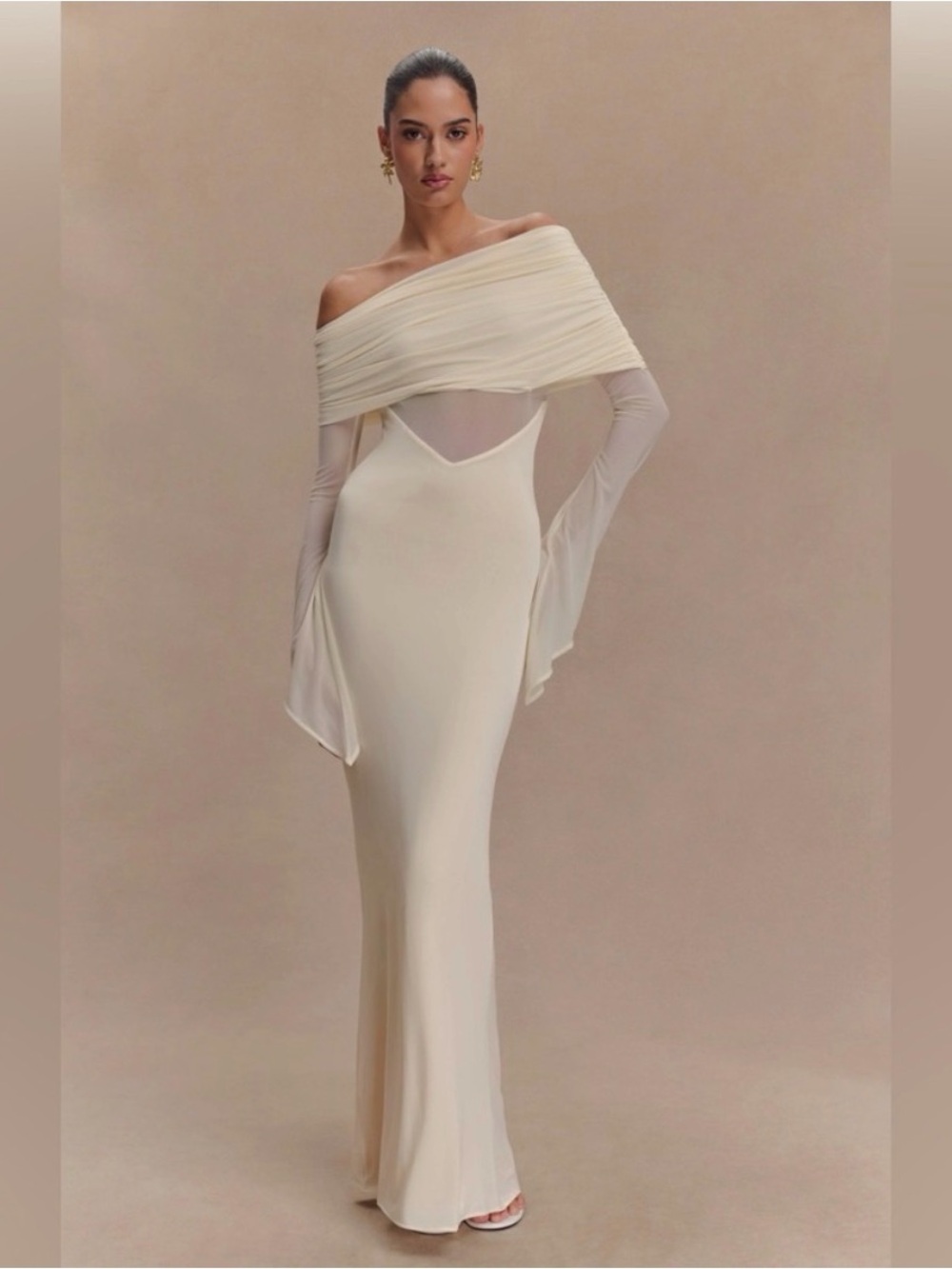 Meshki Cream Off-Shoulder Sheer-Sleeve Gown